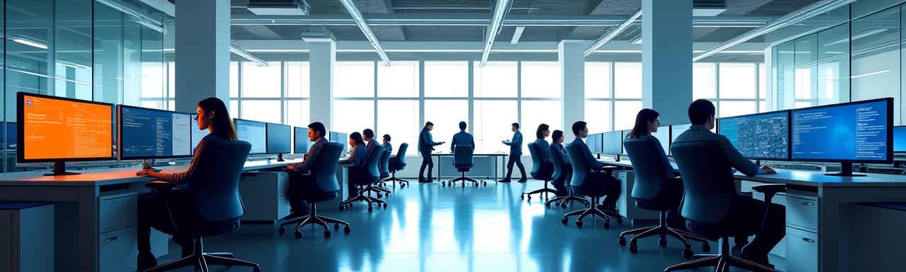 Oficina moderna de FuturoTec Soluciones con profesionales de TI colaborando